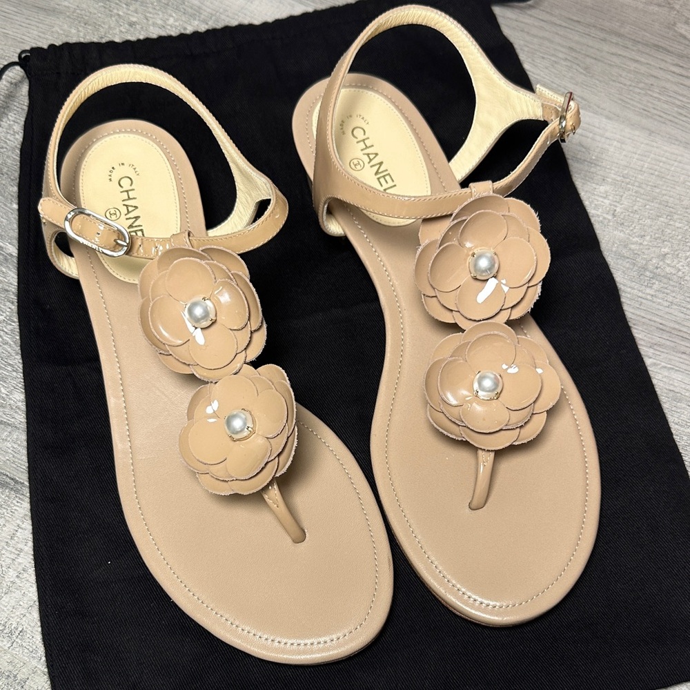 CHANEL Patent Camellia Sandals